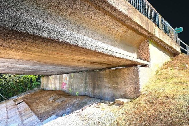 Colorized Lidaretto SLAM point cloud of the underside of a highway bridge