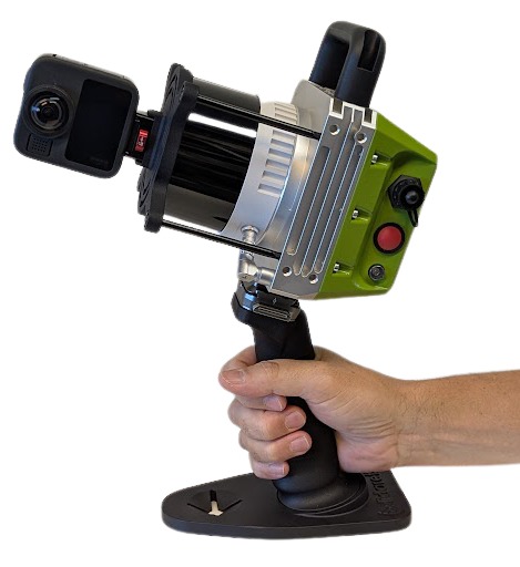 Lidaretto H32S handheld SLAM scanner held in one hand by the pistol grip