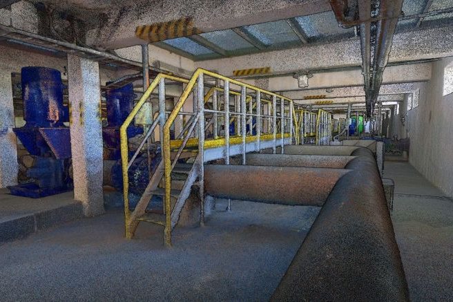 Colorized Lidaretto point cloud of a pump room with pipes and a yellow walkway