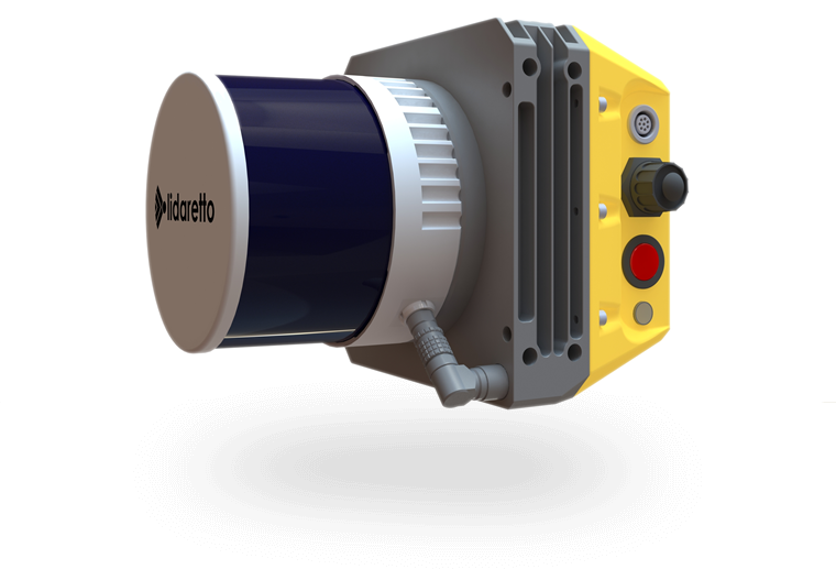 Lidaretto H32(X) scanner with a Hesai Lidar module, a yellow body and connectors