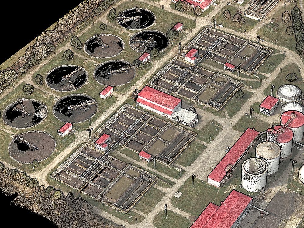 Lidaretto H32(X) point cloud of a treatment plant seen from above, with round tanks, basins, halls and storage tanks