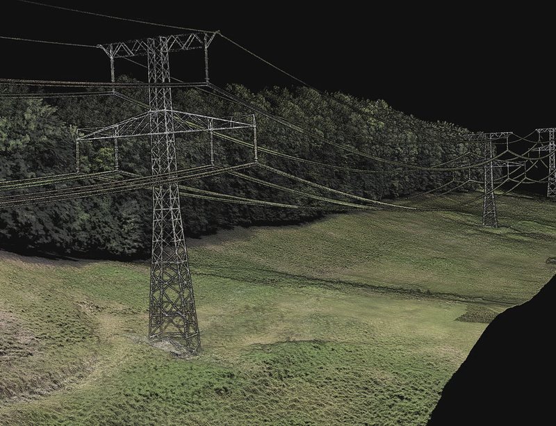 Lidaretto point cloud of a high-voltage transmission line with pylons and conductors