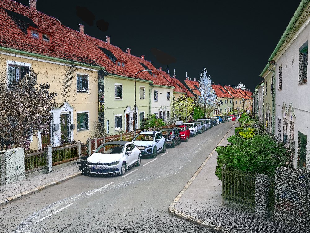 Lidaretto H32(X) point cloud of a residential street with row houses, parked cars and garden fences