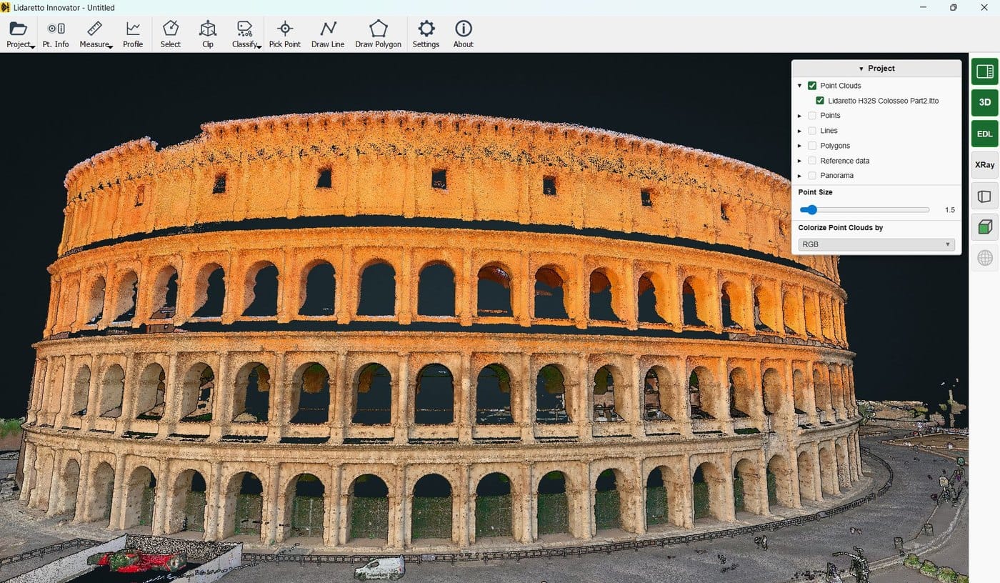 A coloured point cloud of the Colosseum in Rome, viewed in Lidaretto Innovator.